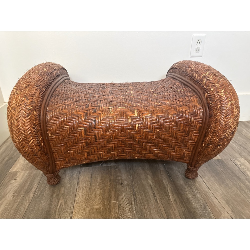 Vintage Woven Wicker Scroll Footstool Brown Herringbone Rattan Ottoman Accent